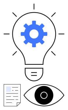 İçinde mavi dişli bir ampul, doküman ve görsel yaratıcılık, görüş, analiz ve problem çözme. Teknoloji, iş stratejisi, yenilikçi araştırma vizyonu eğitimi için ideal