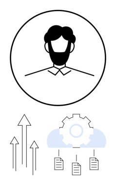 Büyümeyi, teknolojiyi ve veri paylaşımını tasvir eden bulut teçhizatı, oklar ve belgelere bağlı kullanıcı profili. Bulut depolama, dijital kimlik işbirliği yeniliği için ideal
