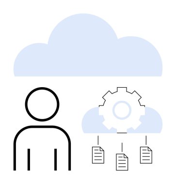 Buluta bağlı kişi, otomasyonu sembolize eden dişli, veri paylaşımını temsil eden belgeler. Bulut hizmetleri, teknoloji, veri yönetimi, otomasyon, bilişim çözümleri, dosya paylaşımı takım çalışması için ideal