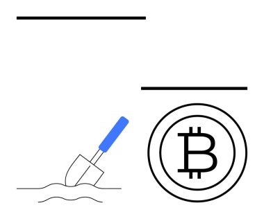 Dijital madenciliği simgeleyen Bitcoin madeni parasının yanında kazılan kürek. Kripto para birimi, yatırım, engelleme zinciri, ekonomi, teknoloji, finans, dijital para birimi için ideal. Düz basit metafor