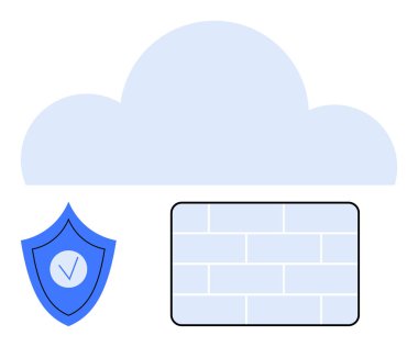 Kalkanı ve tuğla tarzı güvenlik duvarı olan bulut simgesi güvenli veri depolama, koruma, teknoloji ve savunma sistemini vurguluyor. Siber güvenlik, veri gizliliği, teknolojik yenilik, risk yönetimi için ideal