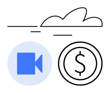 Mavi video ikonu, dolar para taslağı, minimum bulut. Akış, para, bulut teknolojisi, fintech, dijital ekonomi, basit iniş sayfası pazarlama için ideal