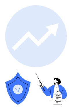 Büyümeyi simgeleyen bir dairede yukarı doğru ok, güvenlik işaretli mavi kalkan, belgesi olan bir sunucu. Büyüme, analiz, güvenlik, başarı, strateji ve sunum için ideal