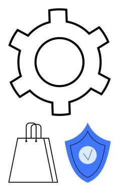 Vites ayarları ya da bakımı sembolize eder. Alışveriş torbası ticareti ya da perakendeciyi gösteriyor. İşaretli mavi kalkan güvenliği ya da güveni temsil ediyor. E-ticaret, çevrimiçi alışveriş, iş, güncelleme için ideal