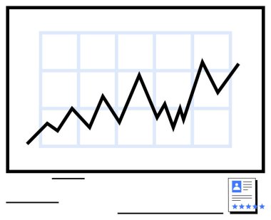 Bir ızgara üzerinde yukarı doğru hareket eden siyah çizgi çizelgesi, gelişimin ya da başarının sembolü. Profil simgesi beş yıldızlı. Büyüme, veri analizi, performans izleme, değerlendirme, başarı ve iş için ideal