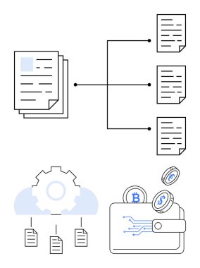 Hiyerarşiye, bulut dişlisi ikonuna, Bitcoin ile dijital para cüzdanına, Dolara bağlı yığılmış belgeler. Engelleme zinciri, bulut depolama, fintech, belge paylaşımı, kripto para birimi veri sistemleri için ideal