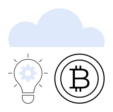 Yeniliği simgeleyen teçhizatlı ampul, Bitcoin sembolü ve dijital depolamayı temsil eden bulut. Teknoloji, kripto para birimi, yenilik, engelleme zinciri, bulut hesaplama, finans için ideal