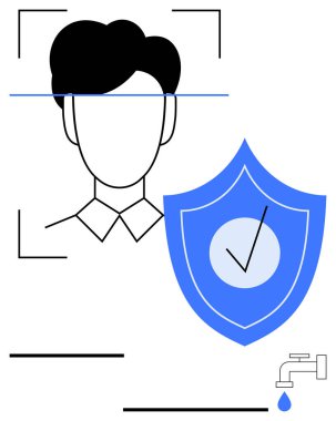 Kullanıcı yüzü tarama arayüzü ve güvenlik kalkanı veri korumasını, dijital kimliği ve gizlilik güvencesini simgeliyor. Teknoloji, biyometri, siber güvenlik, gizlilik politikası, kimlik doğrulama, veri için ideal