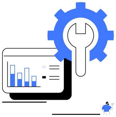 Veri optimizasyonunu sembolize eden vites ve anahtarın yanındaki gösterge panelinin içindeki grafik çubukları. Analiz, araçlar, ayarlar, geliştirme, üretkenlik, iyileştirme sistemi için idealdir. Düz basit metafor