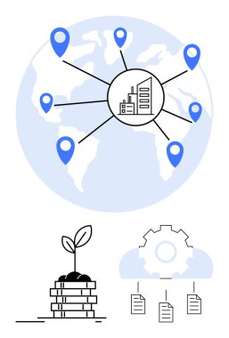 Bağlı konumlara sahip dünya haritası, fabrika ikonu, bitki büyümesi olan para yığını, teçhizat ve dosyalarla dolu bulut. İş büyümesi, küreselleşme, eko-ticaret, otomasyon, sürdürülebilirlik için ideal