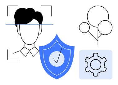 Yüz tanıma, onaylanmış güvenlik kalkanı, ayarlar ve ağ ağacı. Siber güvenlik, teknoloji hizmetleri, veri gizliliği, kimlik yönetimi, yazılım yapay zeka çözümleri için idealdir basit iniş sayfası