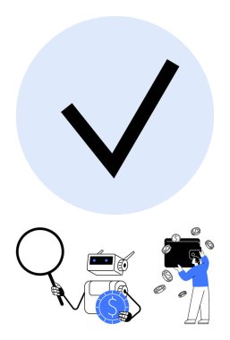 Büyük kontrol damgası, robot para birimi, cüzdanı denetleyen kişi ve başarıyı simgeleyen büyüteç, yapay zeka, teknoloji, finans, problem çözme analizi ve karar verme mekanizması. Al için ideal.