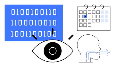 İkili kod, işaretli tarihli takvim, gözlemleri sembolize eden göz, hava akışı okları olan insan kafası. Veri yönetimi için ideal, iş akışı optimizasyonu, teknoloji, planlama, yapay zeka analizleri için basit