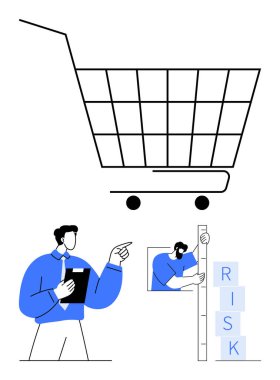Büyük bir alışveriş arabasının yanında blokları olan bir ölçüm aleti kullanarak risk seviyelerini analiz eden bir iş adamı. Perakende, strateji, iş planlaması, piyasa analizi, risk yönetimi ve karar verme süreci için ideal