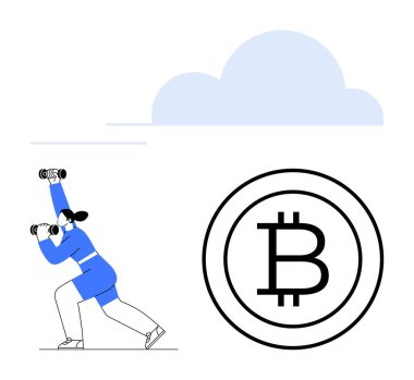 Bitcoin sembolünün yanında bulut altında diz çökerken dürbün kullanan odaklanmış bir kadın. Kripto para birimi, yenilik, keşif, yatırım, gelecek, teknoloji, fırsat için ideal - düz basit metafor