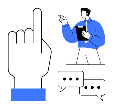 Büyük bir işaret eli, erkek sunucu elinde dosya, diyalog için konuşma baloncukları. İletişim için ideal, talimatlar, yön, sunumlar, takım çalışması liderlik konsültasyonu. Düz basit