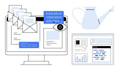 E- postaları, veri ikilisi, analitik grafiği, tarayıcı penceresi ve sulama kutusu olan masaüstü ekranı. Dijital iletişim, e-posta pazarlama, siber güvenlik, veri analizi bilgi büyümesi için ideal