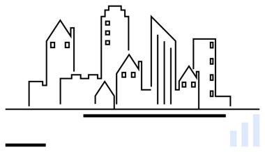 Değişik bina şekilleri ve modern yapılarla şehir manzarasının ana hatları. Mimarlık, gayrimenkul, kentsel planlama, minimalizm, tasarım konseptleri, iş sunumları, basit iniş sayfası için ideal