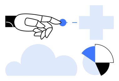 Robot el, sağlık hizmetleri, bulut ve veri simgeleriyle mavi bir noktaya uzanıyor. Teknoloji, yapay zeka, yenilik, makine eğitimi, sağlık hizmeti bağlantı analizleri için idealdir. Düz basit metafor