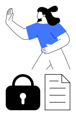 Kilit ve belgenin yanında el kaldıran kişi, veri koruması, gizlilik, güvenlik, onay, uyum, bilgi güvenliği ve erişim kontrolünü sembolize ediyor. Düz basit metafor