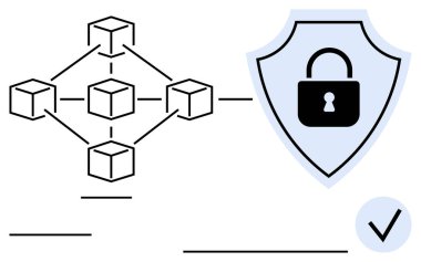Blokları temsil etmek için küpleri birbirine bağlayan blok şeması, güvenlik için kilit sembollü kalkan ve kontrol işareti. Siber güvenlik, veri bütünlüğü, engelleme zinciri, teknoloji ve güven için ideal