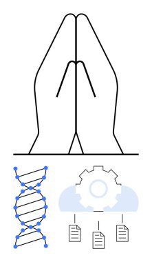 Dua, DNA zinciri, bulut destekli teçhizat, birbirine bağlı veri tabloları. Bilim, maneviyat, ahlak, teknoloji biyoteknoloji araştırmaları için ideal dijital ilerleme. Düz basit metafor