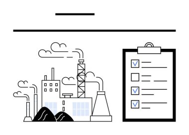Bacalı fabrika işaretli eşyalarla kontrol listesinin yanında duman yayıyor. Sektör uyumluluğu, kalite kontrolü, sürdürülebilirlik, raporlama, güvenlik standartları, verimlilik, basit iniş sayfası için ideal