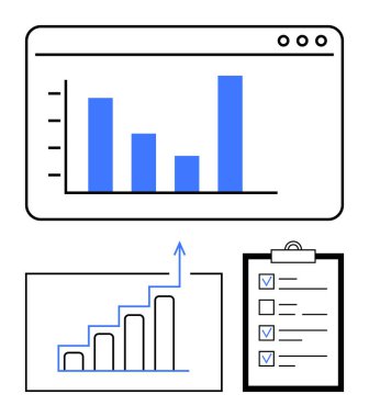 Tarayıcı penceresindeki çubuk çizelgesi, yükselen grafik ve kontrol listesi büyüme, performans, planlama, üretkenlik, istatistik, hedef izleme ve basit bir iniş sayfası