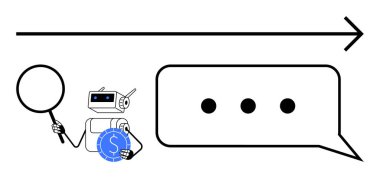 Konuşma balonu ve okun yanında büyüteç ve para tutan robot, analitik içgörüyü, mali ilerlemeyi, iletişimi, yeniliği, araştırmayı, teknolojiyi, bilgi transferini sembolize ediyor