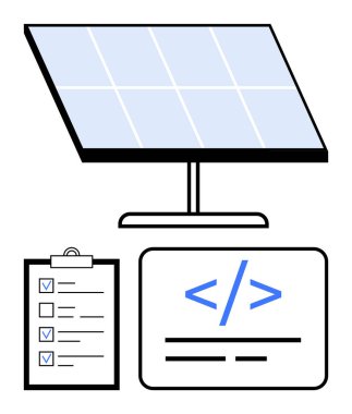 Güneş paneline kontrol listesi ve kodlama arayüzü eşlik ediyor. Sürdürülebilirlik, yenilenebilir enerji, programlama, proje yönetimi, temiz teknoloji, çevre bilinci, basit iniş