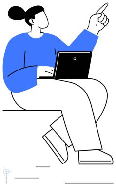 Dizüstü bilgisayarla oturan, yukarı doğru hareket eden, öğrenmeyi, liderliği veya yaratıcılığı sembolize eden bir birey. Eğitim, takım çalışması, liderlik, yenilikçi iletişim teknolojisi üretkenliği için ideal