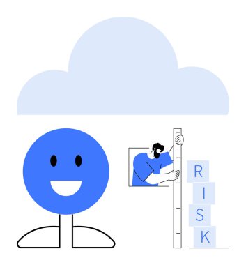 Mavi gülümseyen karakter, bulut grafiği, RİSK bloklarını cetvelle düzenleyen kişi. Takım çalışması, iletişim, risk yönetimi, strateji, denge, yaratıcılık için ideal basit iniş sayfası