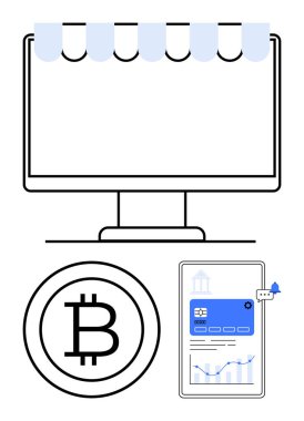 Tenteli bilgisayar monitörü, Bitcoin para birimi simgesi ve finansal uygulama gösteren akıllı telefon. E-ticaret, engelleme zinciri, kripto para birimi, dijital ödemeler, çevrimiçi finans, fintech