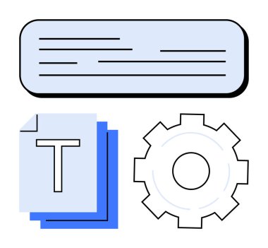 Mavi katmanlı belgeler, metin oluşturma, kişiselleştirme ve ayarlar için metin çubuğu ve dişli sembolü. Belgeler, yazma araçları, yazılım, yaratıcılık içeriği yönetim arayüzü tasarımı için ideal