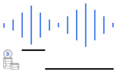 Minimalist mavi frekans çizgileri ve siyah çubukların yanında Bitcoin logosu olan sikkeler. Kripto para birimi, engelleme zinciri, finans, yatırım, ticaret, teknoloji ve yenilik için ideal. Düz basit metafor