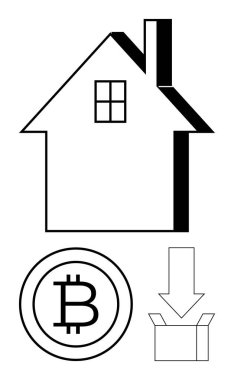 Evin taslağı, Bitcoin sembolü ve bir kutuyu gösteren oku indir. Kripto para birimi, yatırımlar, fintech, mülk, dijital ekonomi teknolojisi finansmanı için ideal. Asgari düz metafor
