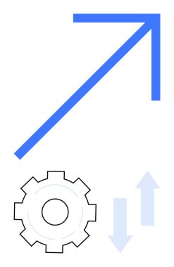 Büyümeyi simgeleyen yukarı doğru mavi ok, veri alışverişi için dişli tasvir süreci ve dikey oklar. İş, strateji, analitik, yenilik, ilerleme, optimizasyon için ideal basit iniş sayfası