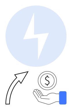 Çemberin içinde şimşek çakıyor, yukarı doğru ok, para tutan el. Ticari büyüme için ideal, sürdürülebilir enerji, mali başarı, ekonomik ilerleme, yenilik, yatırım sade iniş sayfası