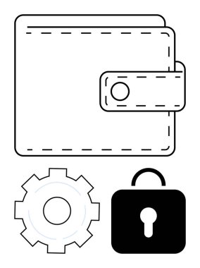 Cüzdan grafiği kilit ve teçhizatla eşleştirilmiş güvenlik, ayarlar ve kontrolü simgeliyor. Finans, teknoloji, güvenlik, bankacılık, mahremiyet, fintech veya basit bir iniş sayfası için ideal