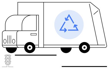 Geri dönüşüm amblemi taşıyan bir kamyon, çevresel eylemleri ve çevre dostu uygulamaları teşvik ederek ilerliyor. Sürdürülebilirlik, atık yönetimi, geri dönüşüm, ulaşım, kentsel planlama için ideal
