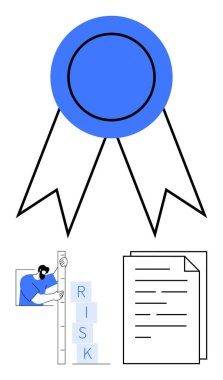 Mavi kurdele başarıyı simgeliyor, RISK bloklarını istifleyen kişi ve belge bölümü. Mükemmellik, sertifika, risk yönetimi, uyum, başarı, analiz basit iniş sayfası için ideal