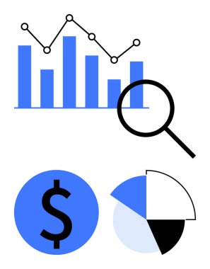 Çubuk grafik, büyüteç, dolar işareti ve turta grafiği veri eğilimlerini, finansal analizleri, kavrayışları, araştırmaları, piyasa performans artışını ve verimliliği temsil eder. Analiz düzlemi için ideal
