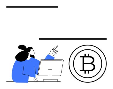 Bilgisayar masasındaki kadın Bitcoin logosunu işaret ediyor. Kripto para birimi, engelleme zinciri, fintech, dijital ekonomi, yatırım, strateji, çevrimiçi işlemler için ideal. Düz basit metafor