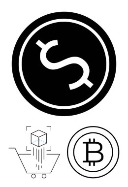 Kırık dolar işareti, Bitcoin logosu ve alışveriş arabasına giren dijital küp. Engelleme zinciri, kripto para birimi, e-ticaret, fintech, dijital ödeme, ademi merkeziyetçi sistemler için ideal düz metafor