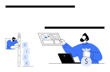 İş adamı dizüstü bilgisayar ve para çantasının yanında mali belgeyi tutarken, diğer bir kişi de blokları kullanarak risk seviyesini ayarlıyor. Karar verme, strateji, analiz, finans, planlama ve yatırım için ideal