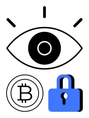 Gözlemlemeyi vurgulayan gözler, kriptoyu vurgulayan Bitcoin logosu ve güvenliği temsil eden asma kilit. Finans, engelleme zinciri güvenliği, kripto para ticareti, dijital mahremiyet, veri