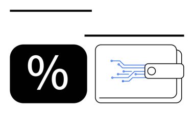 Devre kalıplı dijital cüzdanın yanındaki yüzde işareti. Finans, dijital ödeme, fintech, tasarruf, e-cüzdan, teknoloji, yatırım için ideal. Düz basit metafor