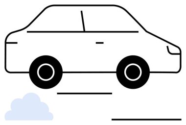 Basit tekerlekleri ve açık mavi bulutu olan siyah çizgili bir araba. Ulaşım, seyahat, hareketlilik, eko-çözümler, otomotiv endüstrisi, modern teknoloji, basit iniş sayfası için ideal