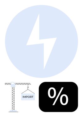 Turna kaldırma kabı, mavi yıldırım enerjiyi sembolize ediyor, oranlar için yüzde simgesi. Ticaret, lojistik, enerji, maliyet, ithalat vergisi, gümrük vergisi yenilenebilir enerji dairesi için ideal