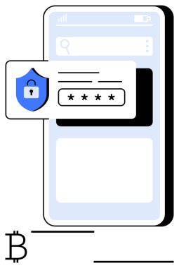 Akıllı telefon arayüzü, güvenlik kalkanı, şifre alanı ve Bitcoin simgesi içeren bir giriş ekranı gösteriyor. Siber güvenlik, şifreleme, kripto para birimi, fintech, çevrimiçi mahremiyet, uygulamalar için ideal